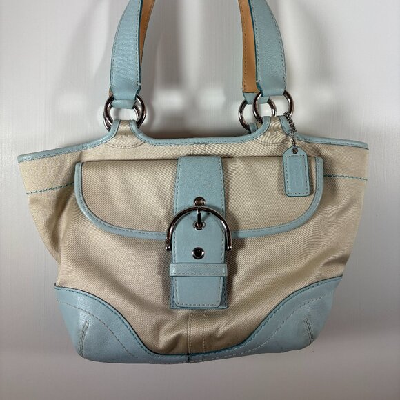 COACH | Light Blue Leather & Cream Canvas Satchel Tote | Y2K Vintage | RARE - Picture 1 of 10
